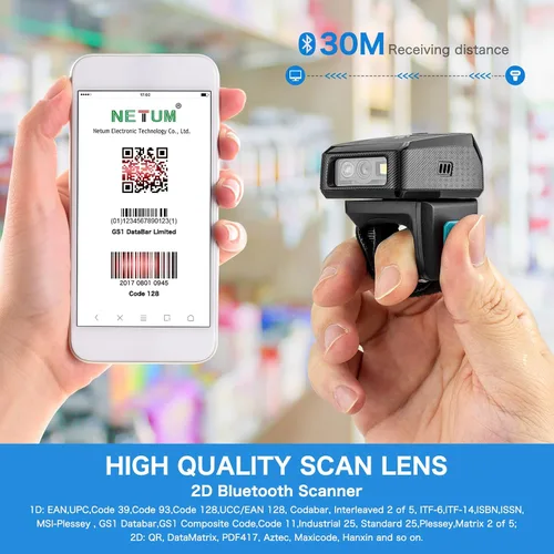 Vista 9 de NETUM Escáner de código de barras con anillo QR 2D Bluetooth, mini lector de códigos de barras portátil con base de carga y memoria incorporada
