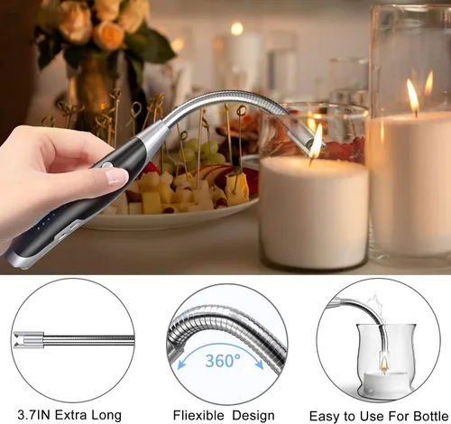 Vista 2 de AT-Mizhi Encendedor eléctrico - Encendedor de cuello largo recargable con linterna LED para velas, camping y barbacoa