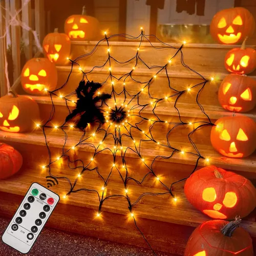 Vista 8 de LCHUANG Decoraciones de Halloween con luces de telaraña – 2 piezas de telaraña iluminadas, 4 pies de diámetro, 70 LED con araña negra, impermeable