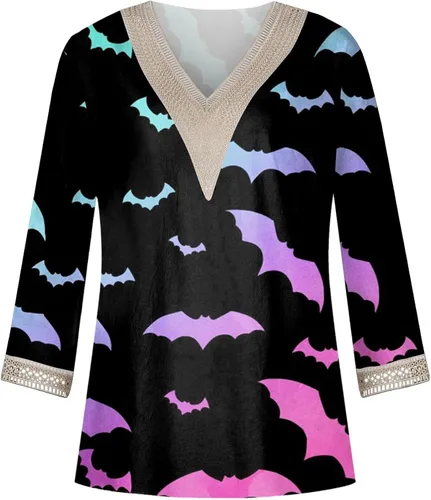 Vista 3 de Women's Tops 34 Sleeve Loose Fit 2023 Fashion Pumpkin Print Lace Blouse Casual Festival V Neck Sweatshirt Shirt