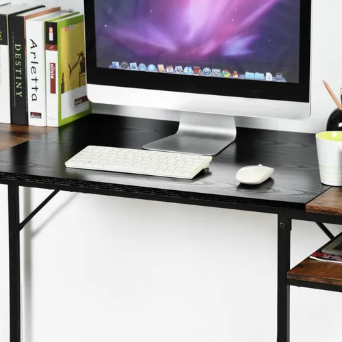 Vista 6 de FurnitureR Escritorio para computadora con estantes para espacios pequeños, escritorio simple para oficina en casa, escritorio de estudio Marrón