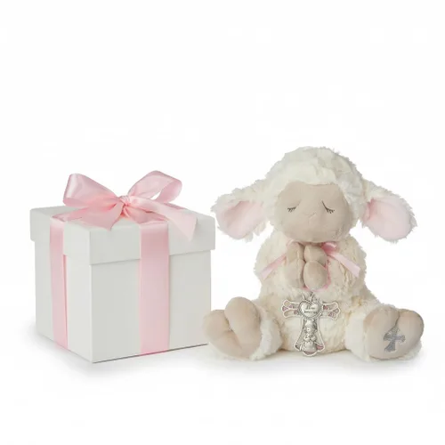 Vista 2 de Ganz Serenity Lamb with Crib Cross Bautizo o Bautismo, Regalo Rosa