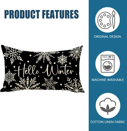Vista 4 de Fahrendom Hello Winter - Funda de almohada rectangular decorativa lumbar negra de 12 x 20 pulgadas, diseño de copos de nieve de Navidad, porche