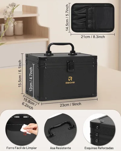 Vista 2 de Relavel Estuche de maquillaje con espejo LED, 01-Negro, Bolsa de maquillaje de viaje con espejo LED para niñas Compact Cosmetic Makeup Organizer