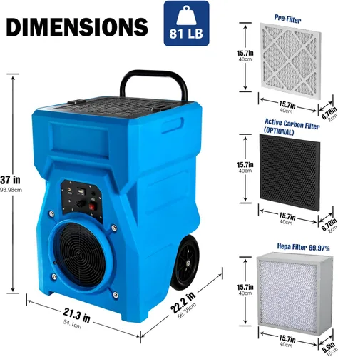 Vista 8 de MOUNTO Purificador de aire industrial portátil de 1000 cfm, depurador de aire negativo, potente motor de 1HP, filtro HEPA verdadero, 2 velocidades