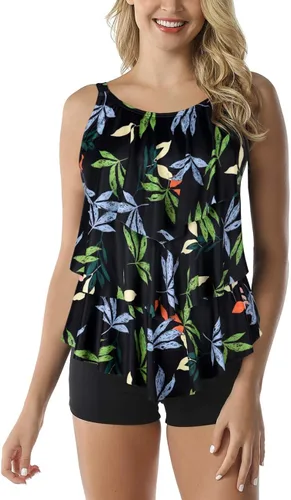 Vista 3 de Septangle - Traje de baño tankini de 2 piezas para mujer, diseño con volados y culotte