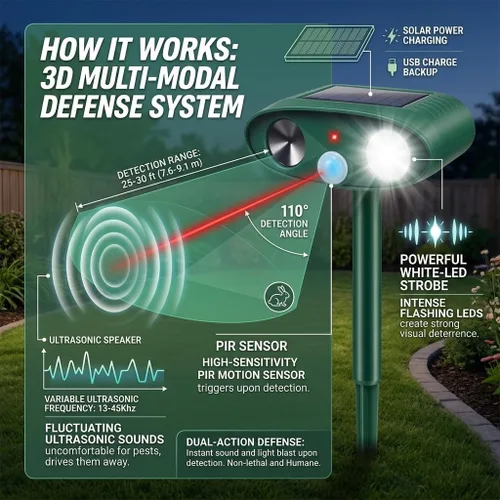 Vista 3 de Sonic Fortress Pro - Dispositivos repelentes de ciervos con carga USB, repelente solar ultrasónico de animales con sensor de movimiento y luz