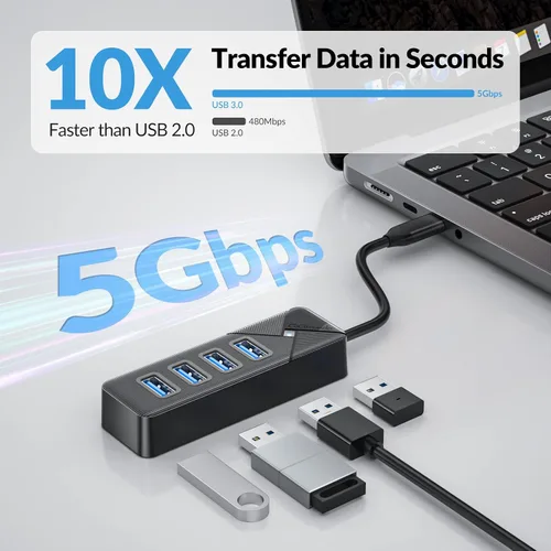 Vista 5 de GiGimundo Hub USB C de 4 puertos para laptop, adaptador multipuerto USB C a USB Hub transferencia de 5 Gbps, divisor USB C para laptop, MacBook Negro
