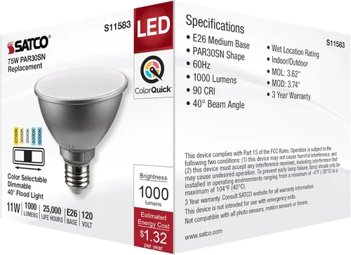 Vista 7 de Satco S11583; LED PAR30SN de 11 vatios; base media; acabado plateado; CCT seleccionable; 120 voltios; ángulo de haz de 40 grados