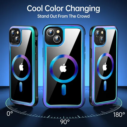 Vista 3 de Meifigno Funda de la serie Rainbow para iPhone 14 [compatible MagSafe y protección contra caídas 3X MIL-GRD], marco de aluminio con parte trasera