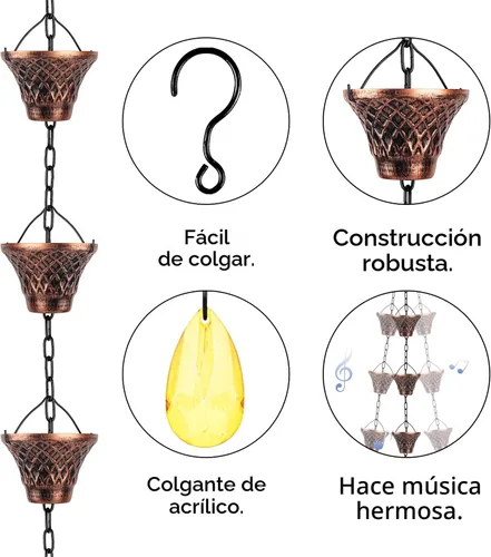 Vista 2 de Cadenas de Lluvia Adorafur para Canalones Exteriores de 1.75m Cadena de Atrapache de Lluvia de Cobre con 12 Tazas Decorativas de Reemplazo