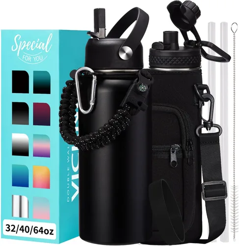 Vista 40 de Botellas de agua de 32 onzas aisladas con pajita y tapa para beber de un sorbo, asa de paracord, bolsa de transporte con correa, termo de triple