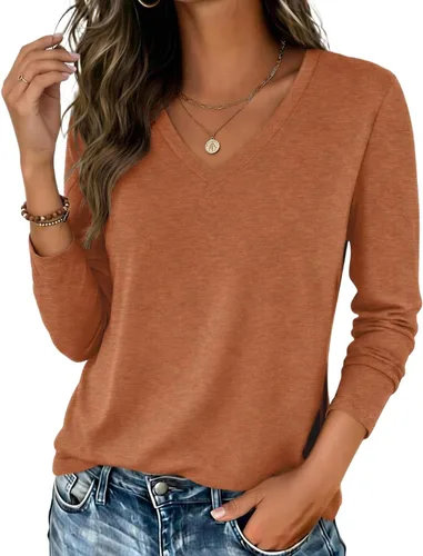 Vista 20 de Zeagoo Camisas de manga larga para mujer, cuello en V, casual, básica Rosa