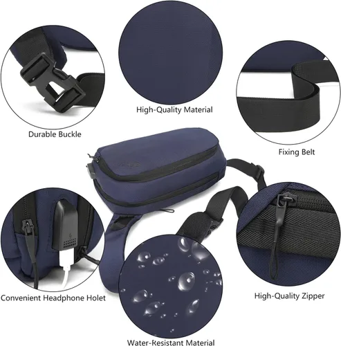 Vista 4 de Riñonera para hombres y mujeres, impermeable, para viajes, correr, con puerto de carga USB, Azul
