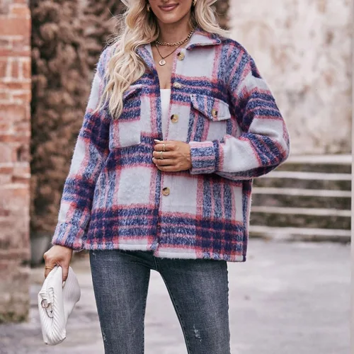 Vista 4 de oelaio Plus Size Winter Coats for Women Plaid Flannel Shacket Jacket Lapel Collar Jacket Ladies Comfy Gifts for Teen Girls