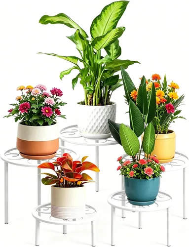 Vista 10 de Juego de 5 estantes de metal para plantas en maceta, estantes resistentes para plantas de diferentes tamaños, estantes de flores de hierro