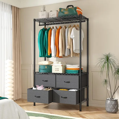 Vista 6 de Raybee Perchero con 4 cajones y estantes, perchero resistente para colgar ropa, portátil, resistente y duradero, negro