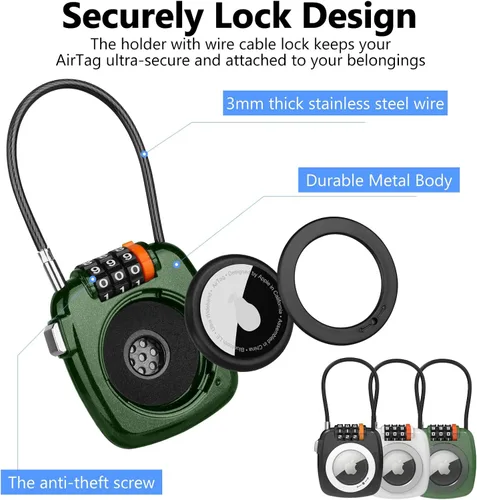Vista 5 de Compatible con Apple AirTag Secure Lock con cable de alambre, candados de equipaje combinados de 3 dígitos, cuerpo de aleación ultra duradero, funda