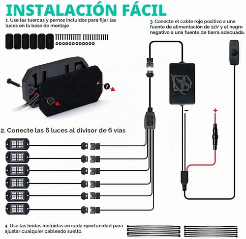 Vista 7 de Xprite - Kit de luces LED RGB bluetooth con controlador RF, luces neón multicolor intermitentes que sincronizan con la música para vehículos Negro