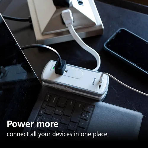 Vista 5 de Philips Protector contra sobretensiones de viaje de 2 salidas, 2 USB 1A/1C, 5V/3.4A, 300J, 1 pie, gris/blanco, SPP2111WA/37