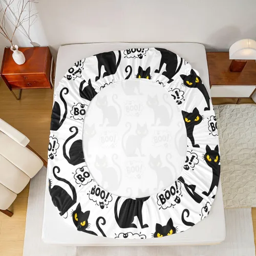 Vista 3 de Juego de sábanas bajeras con bonito diseño de gato negro para niños y niñas, diseño de dibujos animados de Halloween, gato, animales, sábanas