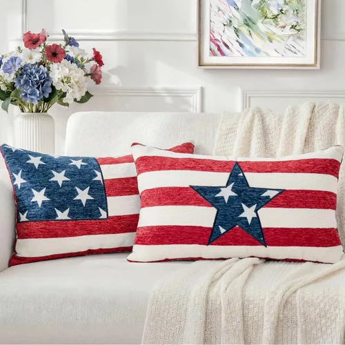 Vista 13 de Juego de 2 fundas de almohada patrióticas de felpilla con estrellas geométricas, 18 x 18 pulgadas, decoración americana para el día