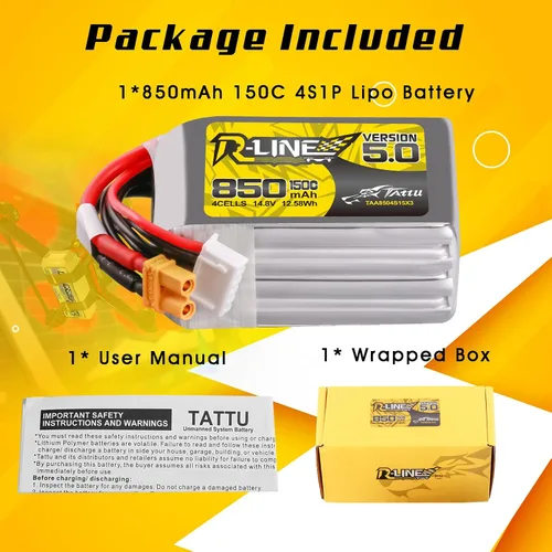Vista 6 de TATTU R-Line Versión 5.0 4S Lipo Batería 14.8V 150C 850mAh Lipo Batería con XT30U-F Plug