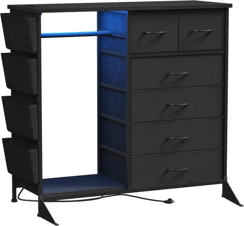 Vista 7 de Cómoda de 6 cajones para dormitorio con perchero para ropa, cómoda para ropa con bolsillos laterales y ganchos, estación de carga y luces LED, parte