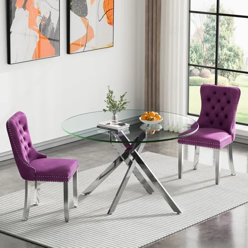 Vista 81 de Juego de mesa de comedor de cristal plateado moderno de 47 pulgadas para 2, juego de mesa de comedor de cocina redonda de 3 piezas con patas