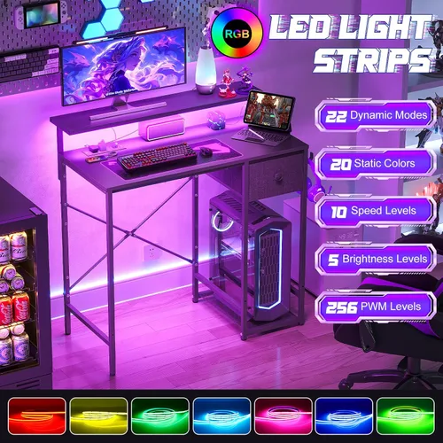 Vista 3 de X-cosrack Escritorio pequeño para juegos de 33.5 pulgadas con luces LED y soporte largo para monitor, escritorio compacto para computadora con tomas