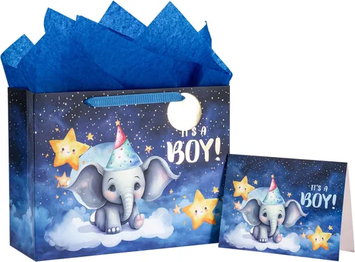 Vista 14 de Loveinside Bolsa de regalo para bebé niño con papel de seda y tarjeta de felicitación para baby shower, nuevos padres y más, diseño animal azul, 16