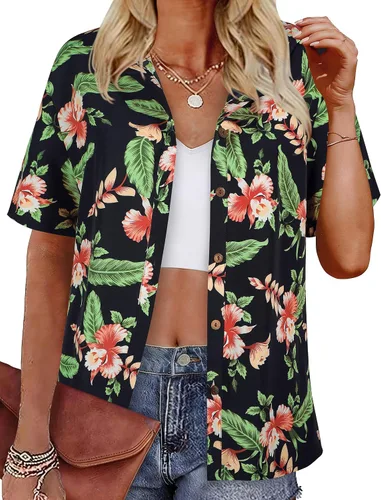 Vista 24 de LILYCHIC Camisas hawaianas de verano con botones de coco para mujer, camisas suaves con botones de manga corta A-hoja floral negra