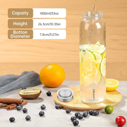 Vista 5 de Botellas de agua de vidrio LOOFORE 32 onzas, 1 litro / 1000ml Botellas de vidrio para beber de boca ancha con tapas, botella grande reutilizable