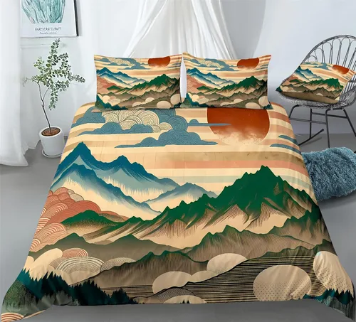 Vista 20 de REALIN Juego de funda de edredón con diseño de Hawthorn 3D, ropa de cama con diseño de bosque japonés, montaña, río, 2/3/4 piezas