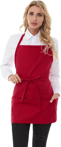 Vista 2 de Delantales de chef para mujer con 3 bolsillos, delantal de trabajo de cocina para cocinar, delantal corto de algodón para barbacoa con cinturón