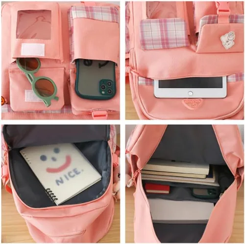 Vista 6 de Juego de 5 mochilas Kawaii con colgantes y alfileres Kawaii, accesorios estéticos, bolsas de libros con colgante, Púrpura, Moderno