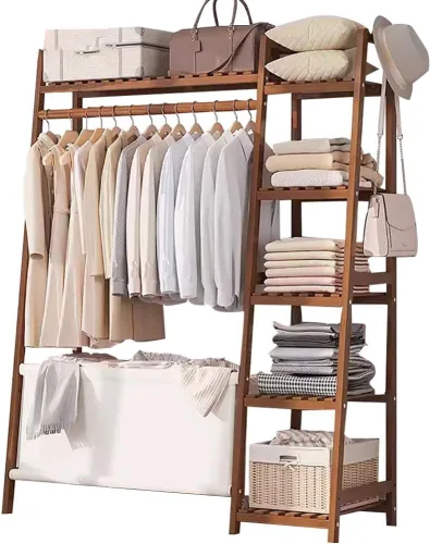 Vista 9 de Bamboo Coat Rack with Storage Rack,Freestanding Clothes Rack with Storage Bag,Wood Closet Shelf with Hanging Rod,Clothes Storage Organizer