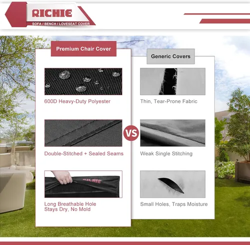 Vista 3 de RICHIE Funda Impermeable de Servicio Pesado para Sofá de Patio de 3 Plazas - Fundas para Muebles de Exterior para Sofá de Dos Plazas/Sofá