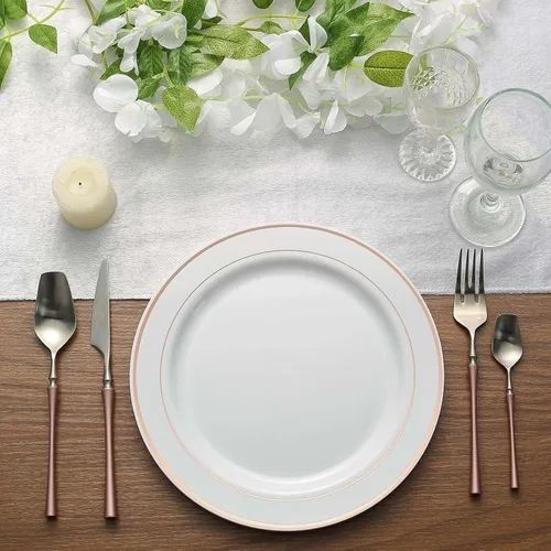 Vista 16 de Efavormart - Paquete de 50 platos redondos de postre de plástico Très Chic de 6 pulgadas con borde dorado