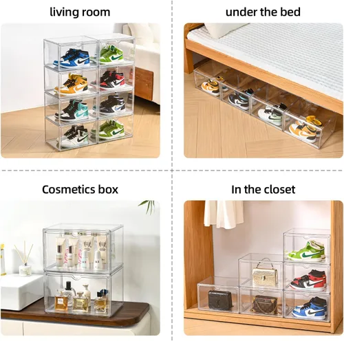 Vista 6 de Organizador de zapatos transparente, estuche apilable para zapatos, cajas de almacenamiento con puerta magnética, se adapta a tamaños de zapatos