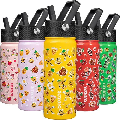 Vista 10 de BJPKPK Botella de agua con tapa con pajilla, botella de agua aislada de 15 onzas, botellas de agua de metal de acero inoxidable, termo reutilizable