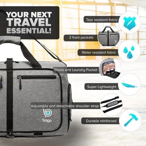 Vista 2 de Bago Bolsa de viaje para hombre y mujer, ligera, plegable, bolsa de lona para equipaje de 15.85 gal, 21.13 gal, y 26.42 gal (60 L, 80 L y 100 L)