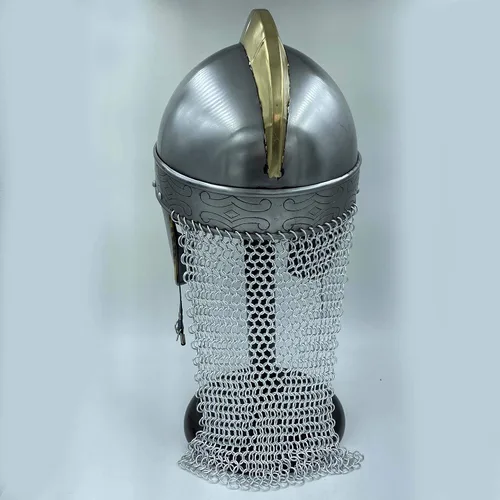 Vista 4 de AnNafi Casco de armadura de lobo vikingo hecho a mano Cascos medievales de caballero de metal con detalles de latón y malla Usable para adultos
