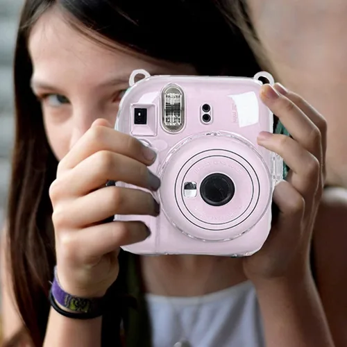 Vista 2 de Funda transparente Mini 12 con bolsillo para película para cámara instantánea Fujifilm Instax Mini 12, vitrina con correa de hombro ajustable Funda