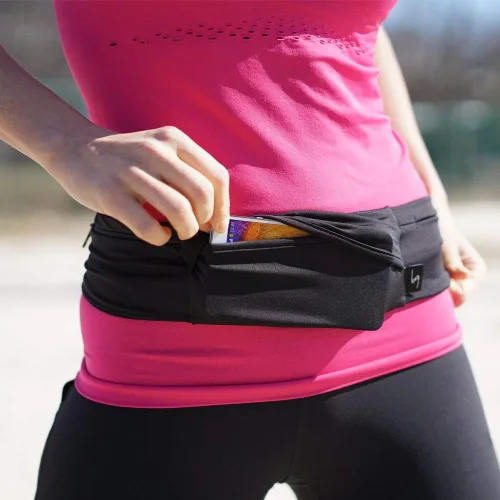 Vista 6 de Riñonera ajustable de 3 bolsillos para correr, riñonera para entrenar con respaldo resistente al sudor, soporta todos los modelos de iPhone