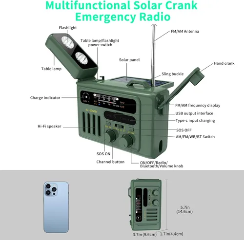 Vista 8 de Radio solar de emergencia con manivela, NOAA/AM/FM con linterna LED y lámpara de lectura, USB tipo C/carga solar/manivela, altavoz Bluetooth, alarma