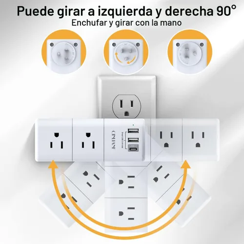 Vista 3 de QINLIANF - Extensor de tomacorrientes USB y protector contra sobrecargas, enchufe giratorio, tira de alimentación giratoria de 3 lados, divisor de 6