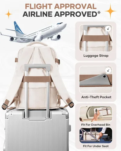 Vista 7 de Mochila de viaje grande, bolsa de mano, aprobada para aviones, para artículos personales, para hombre o mujer, color beige con marrón