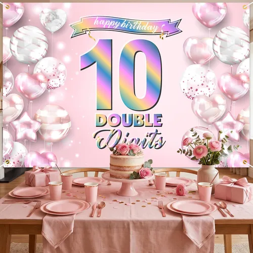 Vista 5 de Cartel de feliz cumpleaños número 10, telón de fondo de arcoíris degradado de doble dígito, fondo rosa de 10 años, decoraciones de cumpleaños