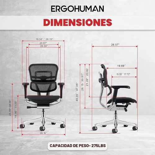 Vista 2 de Eurotech Seating Ergohuman Silla giratoria de malla con respaldo medio, color negro Negro/Cromo
